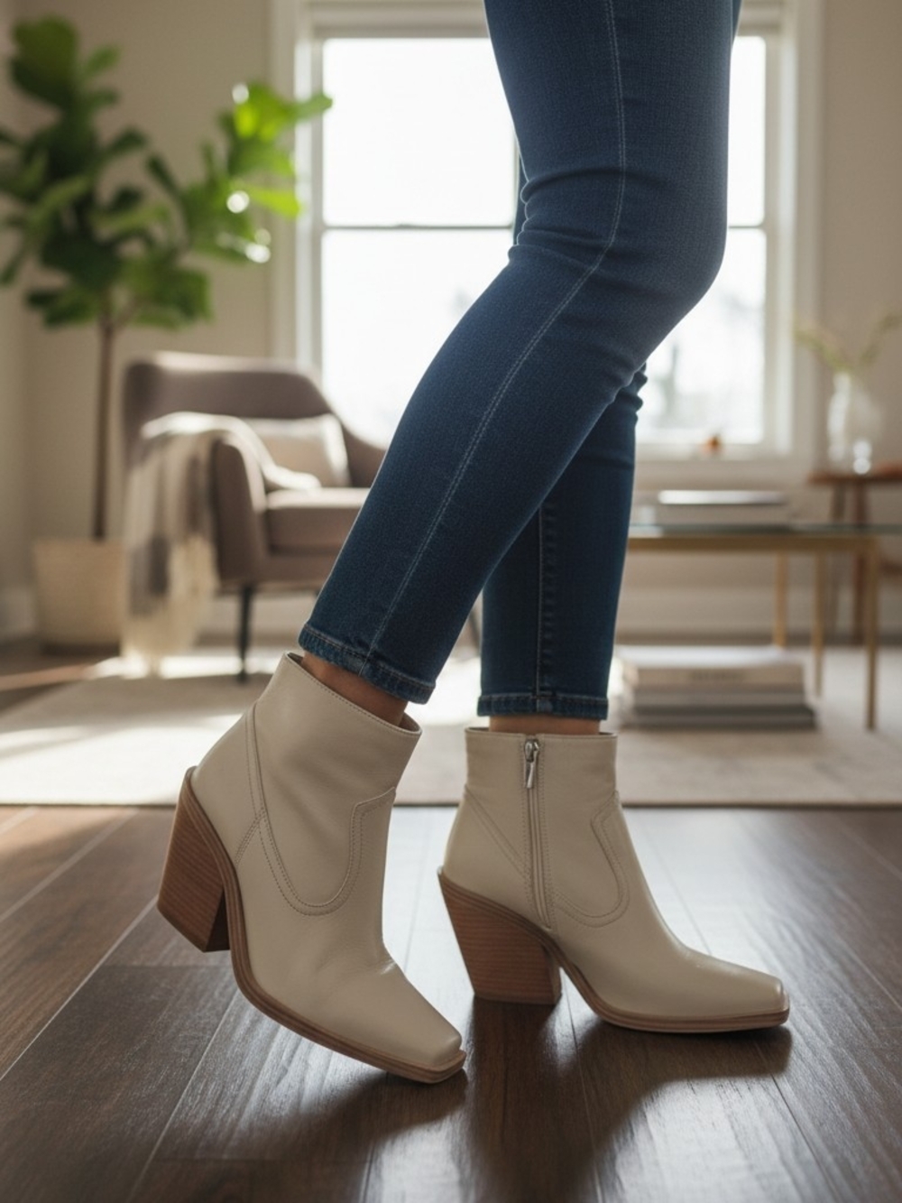 Vince Camuto Amtinda Ivory Square Toe Stacked Heel Booties Women's Size 8 M
